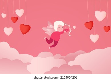 Valentine day design. Realistic red heart and cupid mascot character above the clouds. Holiday banners, web posters, flyers, stylish brochures, greeting cards, covers. romantic background