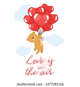 Valentine day design template for greeting card with cute bear holding air balloon in the sky. Vector illustration.