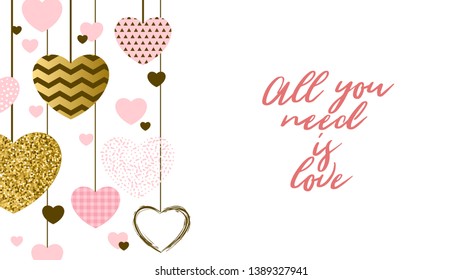 Valentine day design template for greeting card or banner with different hearts. Border element. Vector illustration. Horizontal composition. 