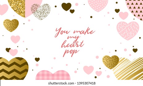 Valentine day design template for greeting card or banner with different hearts. Vector illustration. Horizontal composition. 