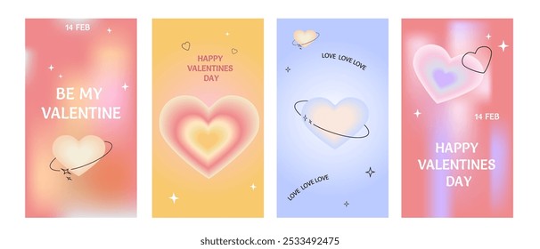 Valentine Day Design with y2k Shapes, blurred Hearts. Set of trendy modern aesthetic posters or covers on gradient backgrounds.