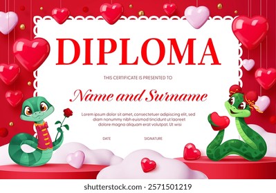 Valentine day diploma with funny cartoon snakes, vector certificate award template. Valentine day diploma or letter of appreciation with hearts and cute snakes couple in love with roses flowers