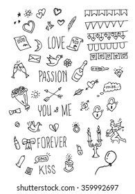 Valentine day doodle pack  Hand drawn whiteboard icon set  Vector illustration