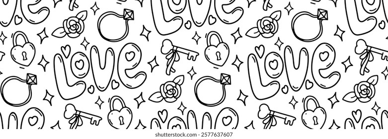 Valentine day doodle pattern. Love lettering, ring and flowers. Romantic outline background. For textile, packaging. Vector line art illustration.