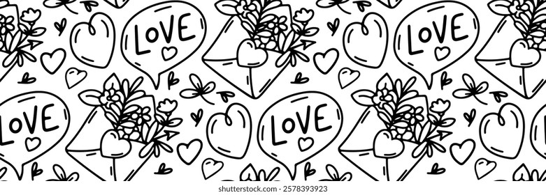 Valentine day doodle pattern. Love lettering and envelope with flowers. Romantic outline background. For textile, packaging. Vector line art illustration.