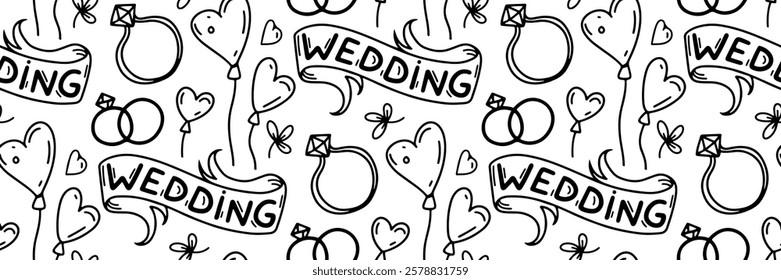 Valentine day doodle pattern. Wedding lettering, ring and flowers. Romantic outline background. For textile, packaging. Vector line art illustration.