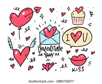 Valentine Day doodle set elements. Colorful cartoon style. Sketch vector illustration. Isolated on white background.
