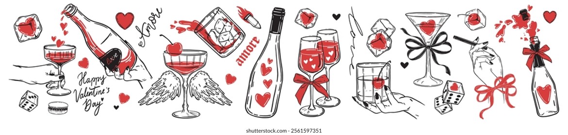 Valentine day doodle set, vector hand drawn love wine sticker, romantic alcohol glass illustration. Holiday champagne martini red cherry cocktail, ice cube, female hands, wings. Valentine doodle print