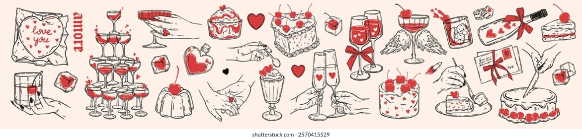 Valentine Day doodle set, vector hand drawn holiday romantic cake illustration, female line hand. Love date dinner, wine glass tower, heart shaped cherry pie, alcohol beverages. Valentine doodle kit