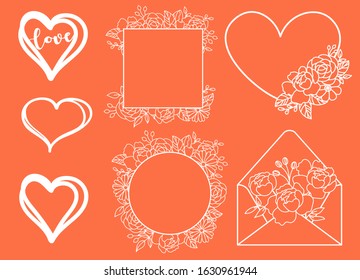 Valentine day doodle vector elements. Hand drawn hearts and floral frames set. Cut out valentine card floral design objects. Outline love clipart.