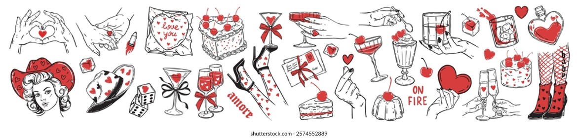 Valentine day doodle vector set, hand drawn romantic line illustration, cowgirl face, female legs. Woman holding wine glass, love arm gesture, date cherry cake dessert, heart shape. Valentine doodle