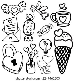 Valentine day doodles element vector illustration, Love doodle art vector illustration, for sticker set, decoration or graphic design element, valentine doodle elemen cartoon, cute element design
