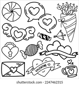 Valentine day doodles element vector illustration, Love doodle art vector illustration, for sticker set, decoration or graphic design element, valentine doodle elemen cartoon, cute element design