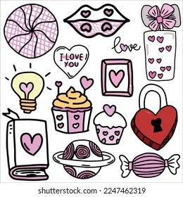 Valentine day doodles element vector illustration, Love doodle art vector illustration, for sticker set, decoration or graphic design element, valentine doodle elemen cartoon, cute element design