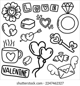 Valentine day doodles element vector illustration, Love doodle art vector illustration, for sticker set, decoration or graphic design element, valentine doodle elemen cartoon, cute element design
