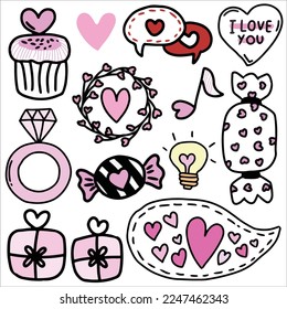 Valentine day doodles element vector illustration, Love doodle art vector illustration, for sticker set, decoration or graphic design element, valentine doodle elemen cartoon, cute element design