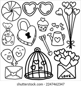 Valentine day doodles element vector illustration, Love doodle art vector illustration, for sticker set, decoration or graphic design element, valentine doodle elemen cartoon, cute element design