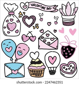 Valentine day doodles element vector illustration, Love doodle art vector illustration, for sticker set, decoration or graphic design element, valentine doodle elemen cartoon, cute element design