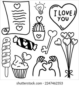 Valentine day doodles element vector illustration, Love doodle art vector illustration, for sticker set, decoration or graphic design element, valentine doodle elemen cartoon, cute element design