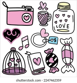 Valentine day doodles element vector illustration, Love doodle art vector illustration, for sticker set, decoration or graphic design element, valentine doodle elemen cartoon, cute element design