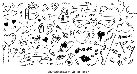 Valentine Day doodles with holiday symbols, hearts, gifts, balloons. Hand drawn graphic romantic design elements. Colorless outline set, vector illustration.