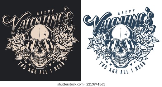 Valentine Day Element Vintage Monochrome With Skull And Bouquet Flowers Congratulating You On Holiday Romance And Valentine Day Vector Illustration