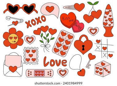 Valentine Day elements. Candy Heart, Envelope, Cherry, Retro Lamp, Patch, Flowers, Hairpin, Dice, Tic-tac-toe game. Vector flat illustration.