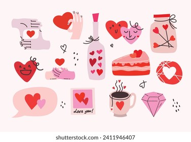 Valentine day elements huge vector set. Gifts, chocolate, hearts, envelopes, desserts, floral bouquets, lips and other traditional decorations. Perfect for stickers and greeting cards.