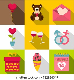 Valentine day elements icon set. Flat style set of 9 valentine day elements vector icons for web design
