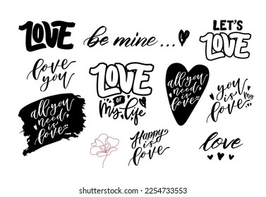 Valentine Day elements set. Big collection of Valentine's day typography, sayings, lettering and calligraphy. Romantic template for postcard, card, invitation, banner. Love you, be mine, Let’s Love.