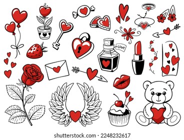 Valentine day elements set. Ink handmade style. Black-white-red hearts, flowers, jewelry, feminine accessories. Design for Valentine s day stickers, postcards, posters and other. Isolated on white bac