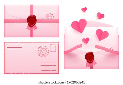 Valentine day envelope. Love romantic paper mail, message envelope invitation, holiday celebration, vector illustration