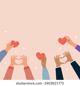 Valentine day and expression to you. Message of love using hand gesture. Banner hands holding heart. Hands raised up hold hearts.