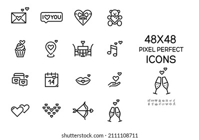 Valentine Day February 14 romantic date icons set. Pixel perfect, editable stroke 64x64 icons