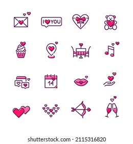 Valentine Day February 14 romantic date icons set. Pixel perfect, editable stroke colored icons