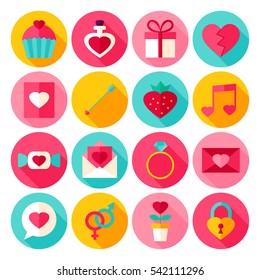 Valentine Day Flat Icons. Vector Illustration. Love Holiday. Collection of Circle Items with Long Shadow.