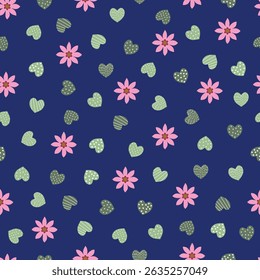 Valentine Day floral seamless surface pattern. Romantic vector design of multicolor bohemian heart shapes and flowers. Allover print festive texture on blue color background.