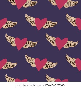 Valentine Day flying heart with wings pattern background for packaging and decoration