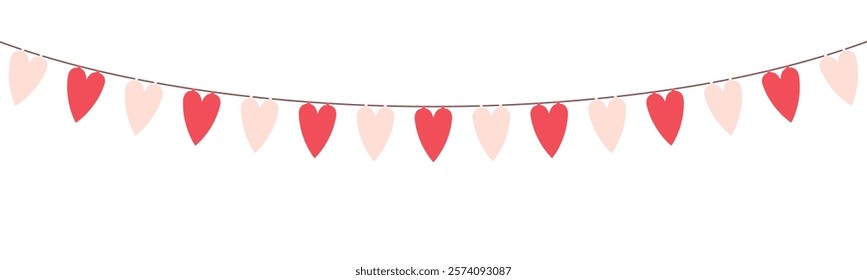 Valentine day garland of pink colour hearts on white background.