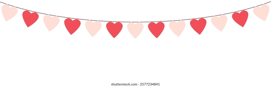 Valentine day garland of pink colour hearts on white background.