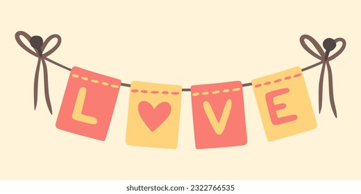 Valentine day garlands. Bunting garlands. Party bunting flags on ribbon, twine, string. Design for greeting card, invitation, print, sticker. Illustration for valentine's day and birthday.
