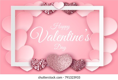 Valentine day geometric frame, marble texture, background in trendy minimalistic style, heart silhouette, granite, gold rose glitter, frame, vector fashion wallpaper, invitation