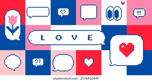 Valentine day geometric pattern. Pixel art. 14 February vector illustration. Heart, speech bubble, flower icon. Abstract geometric simple shape. Y2k love game pixel design for poster, bg, cover, card