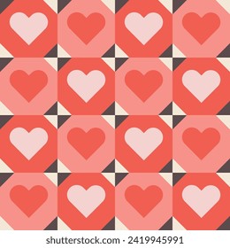 Diseño vectorial de patrón geométrico sin fisuras de San Valentín - formas cardiacas repiten motivos con colores brillantes rosa y rojo