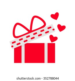 Valentine day gift box isolated icon on white background. Surprise present box. Gift box with love hearts. Flat style vector illustration. 