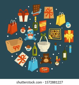 Valentine day gift boxes and presents, romantic holiday celebration vector. Champagne and chocolate bar or egg, bear toy and wine, package or wrap with ribbon. Wicker basket and sweets or candies