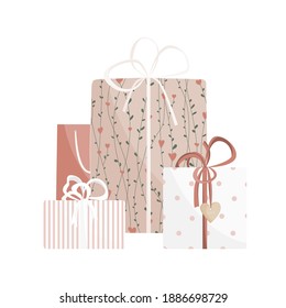 Valentine day gift boxes set. Wrapped packages decorated with ribbon bows, plants and wooden heart, isolated on white background. Vector illustration.