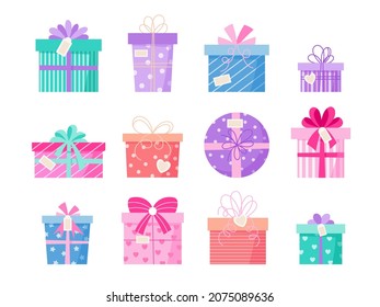 Valentine day gift boxes set. Vector illustration of cute isolated different present boxes. Hearts and dotted patterns. Cute flat design style. Blue, green, red, pink, lilac and purple colors.