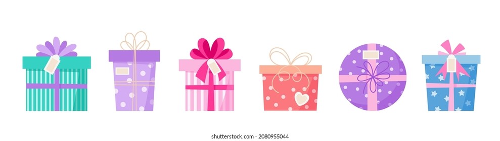 Cajas de regalo de San Valentín. Ilustración vectorial de las lindas cajas de regalo aisladas diferentes. Corazones y patrones punteados. Diseño plano y cuidado. La caja de regalos del 14 de febrero presenta el conjunto de diseño.