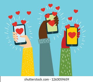 Valentine Day Gift Card Holiday Love Hands Hold Cell Smart Phone With Hearts. Social Network Communication Flat Vector Illustration